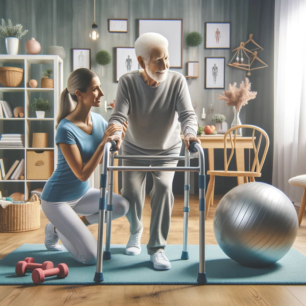 A woman is helping an elderly man use a walker in a living room.