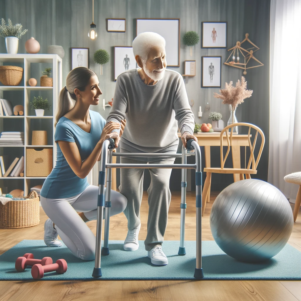 a woman physical therapist is helping an elderly man use a walker in a living room .