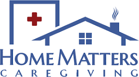 The logo for home matters caregiving shows a house with a red cross on the roof.