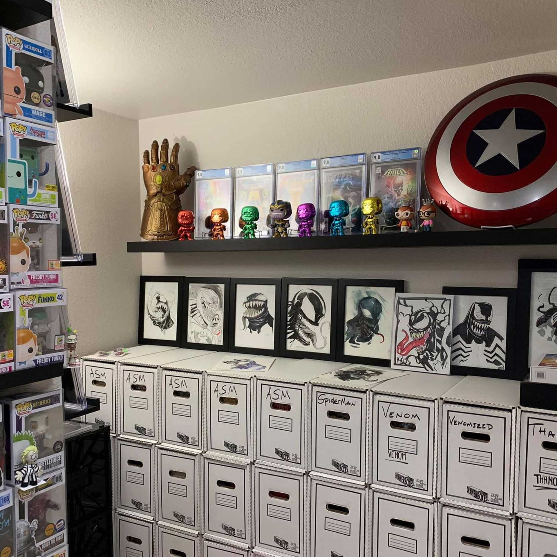 A room filled with boxes and a captain america shield