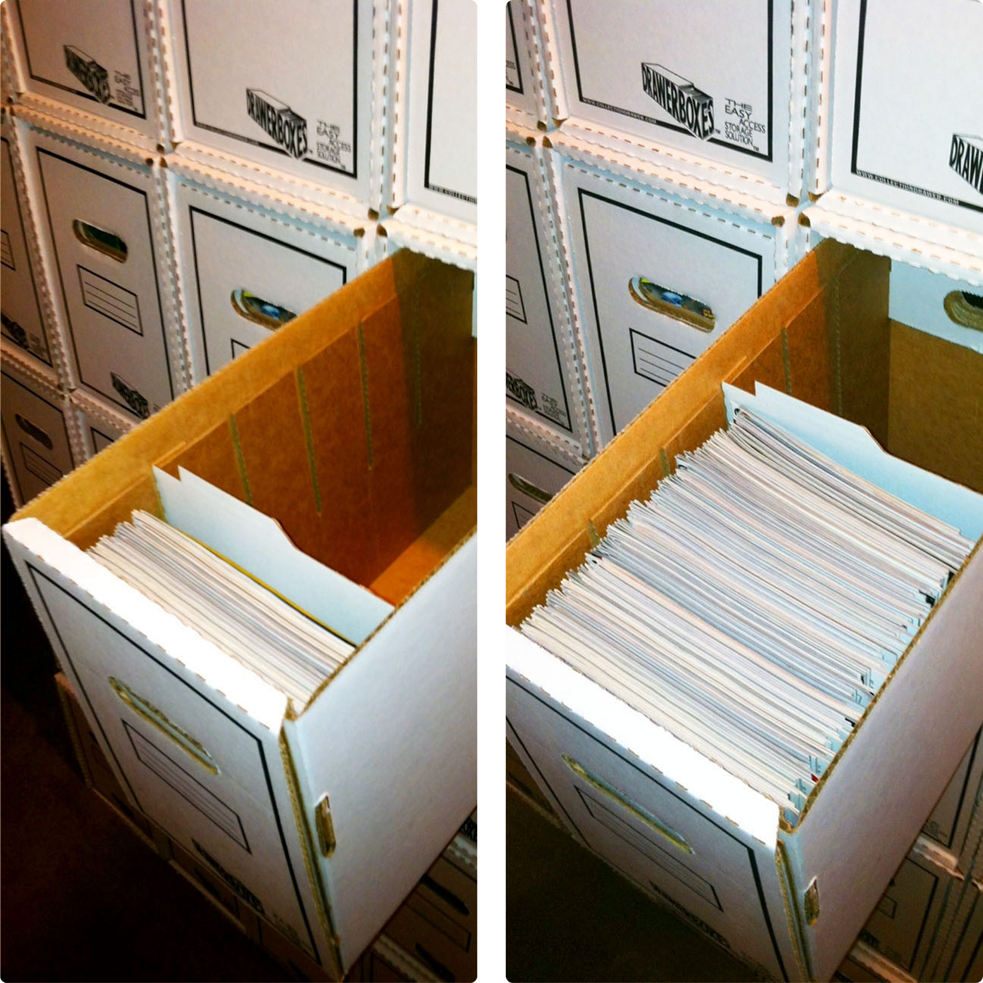 A row of filing cabinets with one that is empty and one that is full