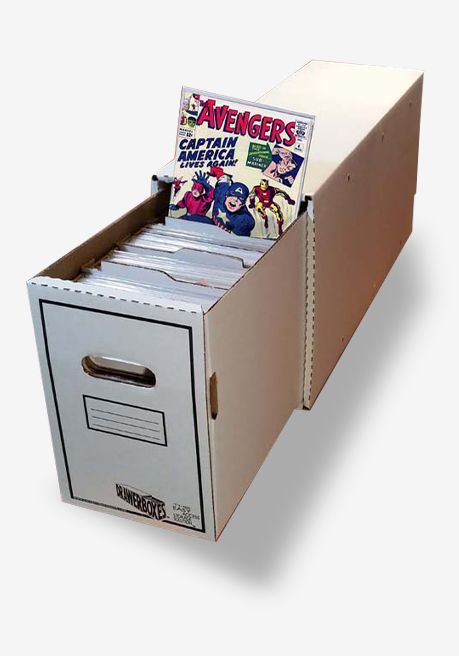 A cardboard box filled with avengers comic books.