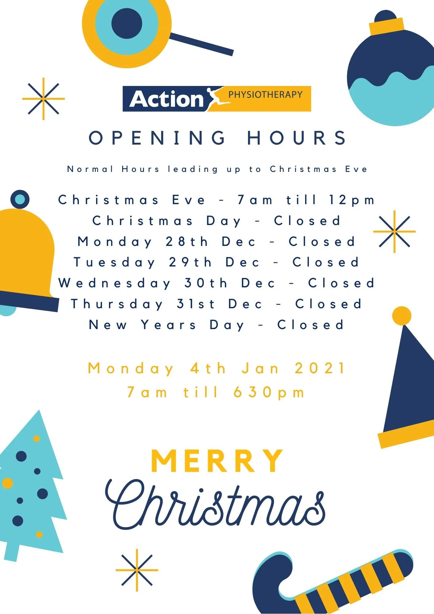 A Christmas Opening Hours Poster — Action Physiotherapy in Cooks Hill, NSW