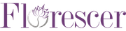 A purple and white logo for florescer with a flower in the middle.