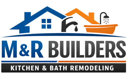 Logo for M&R Builders, a remodeling company. Features houses, a faucet, a bathtub, and text.