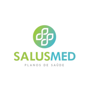 Logotipo da SalusMed,  verde e azul e o texto 