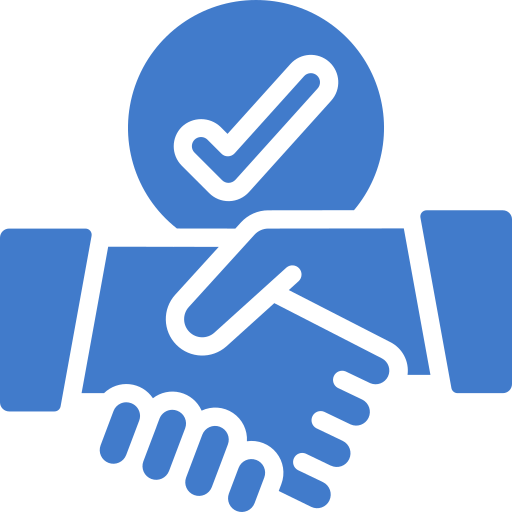 Aperto de mãos azul com marca de verificação, simbolizando concordância.