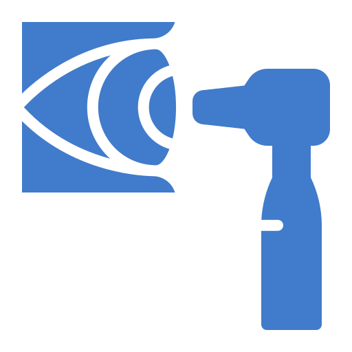 Olho azul sendo examinado com um oftalmoscópio.