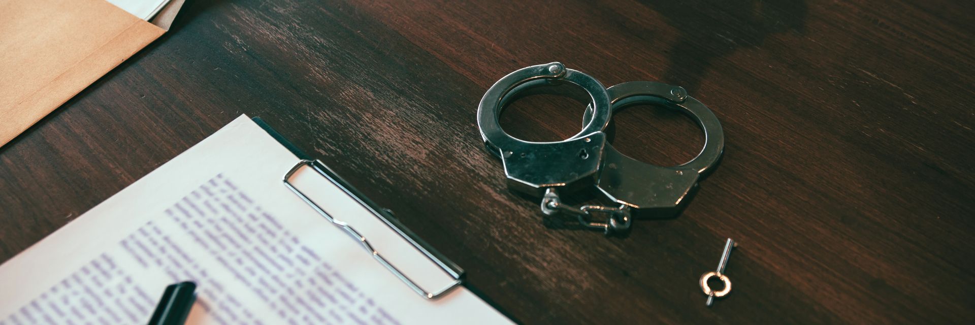 A pair of handcuffs sitting on top of a clipboard next to a pen and a piece of paper.