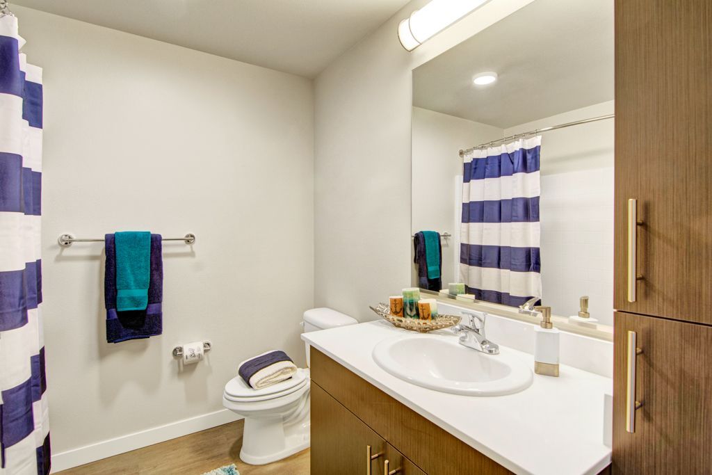 A bathroom with a toilet , sink , and shower curtain.
