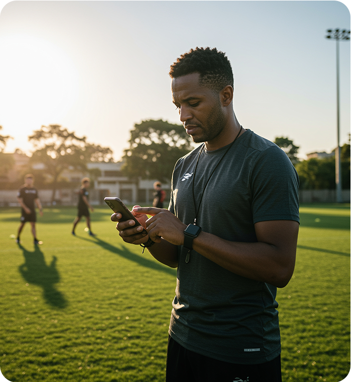 A man is standing on a field looking at his phone.