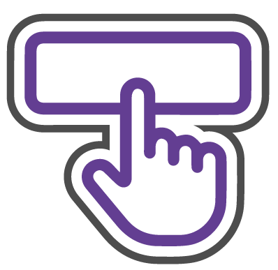 A purple icon of a hand pressing a button.