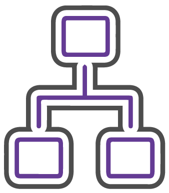 A purple and white icon of a diagram with squares connected to each other.