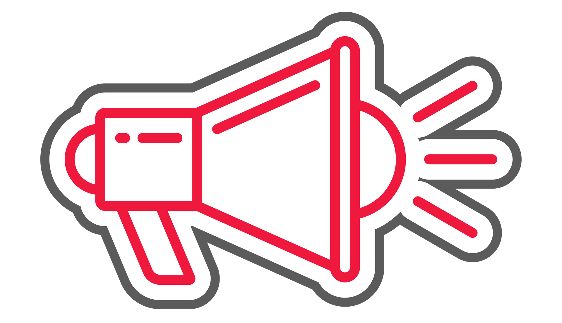 A red and gray icon of a megaphone on a white background.