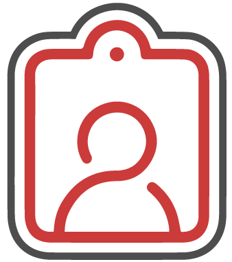 A red and gray icon of a person in a camera frame.