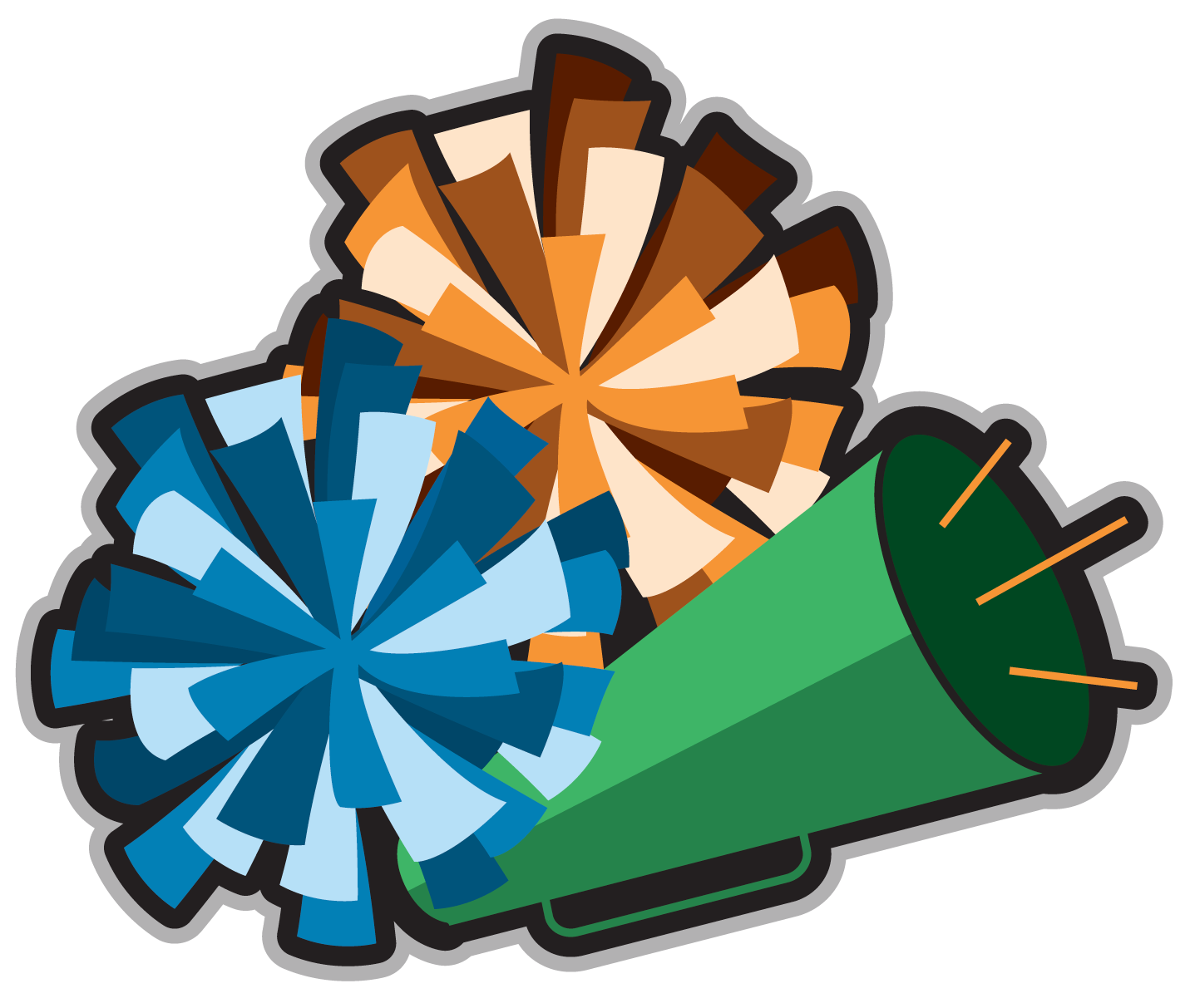 A cartoon illustration of two cheerleader pom poms and a megaphone.