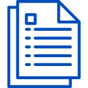 A blue icon of two sheets of paper with lines on them.