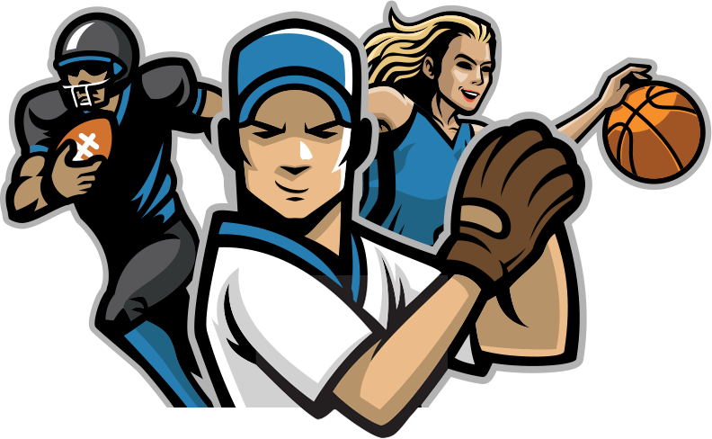 A cartoon illustration of a baseball player , a football player , and a basketball player.