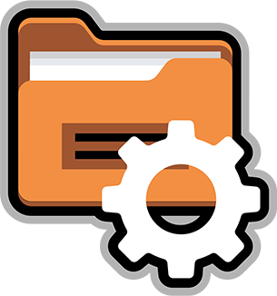 An orange folder with a white gear next to it