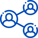 A blue icon of three people connected to each other.