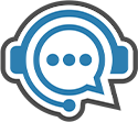 A blue and white icon of a speech bubble with headphones and a microphone.