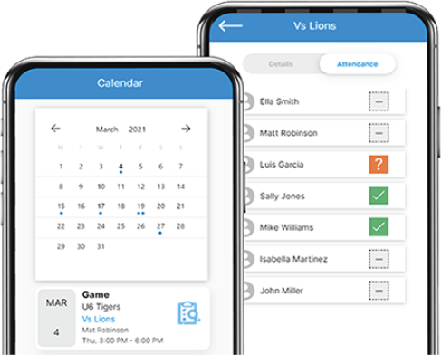 Two cell phones with a calendar and attendance app on them.