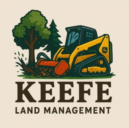 Yellow skid steer clearing brush near trees; "Keefe Land Management" logo.