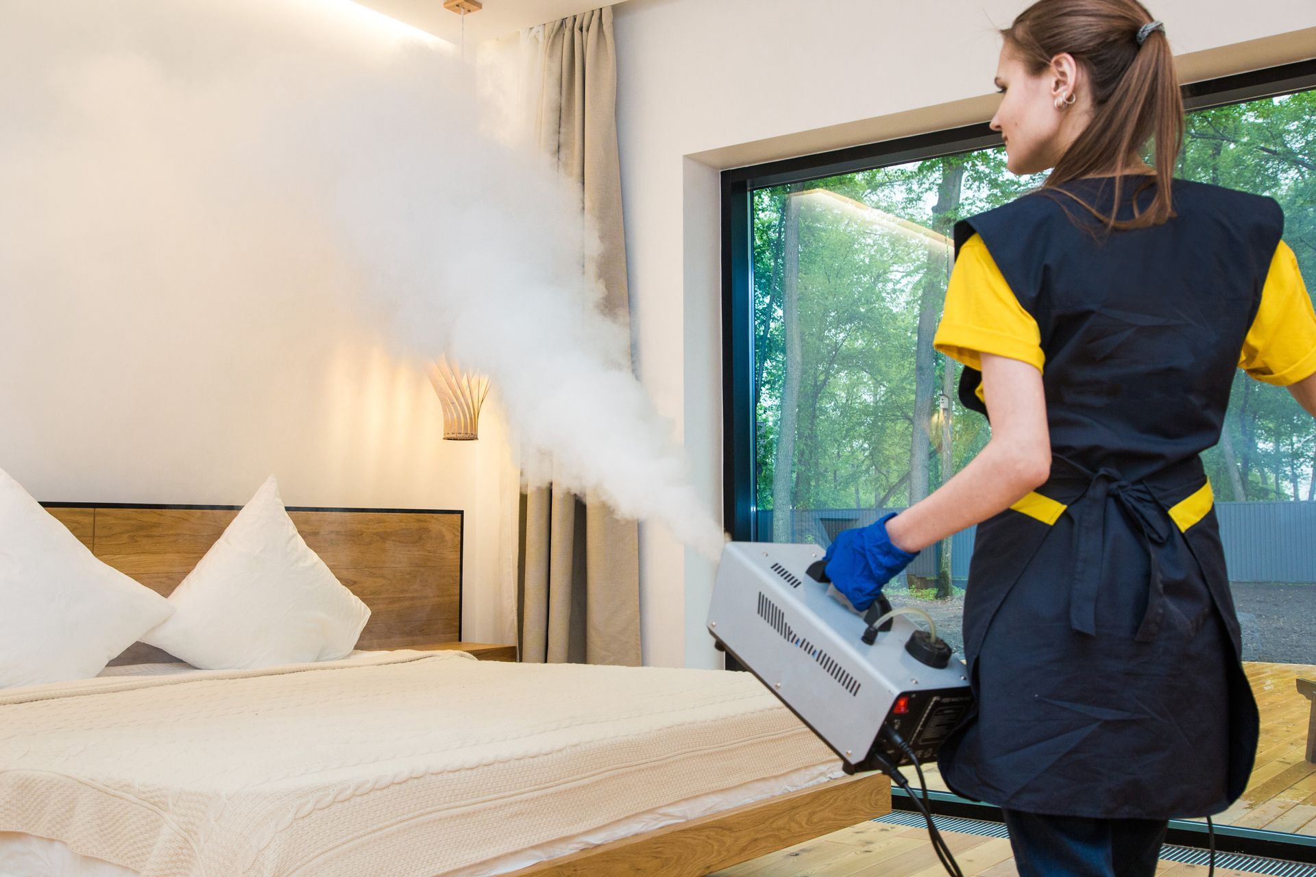 Woman is Cleaning a Bed With a Heater