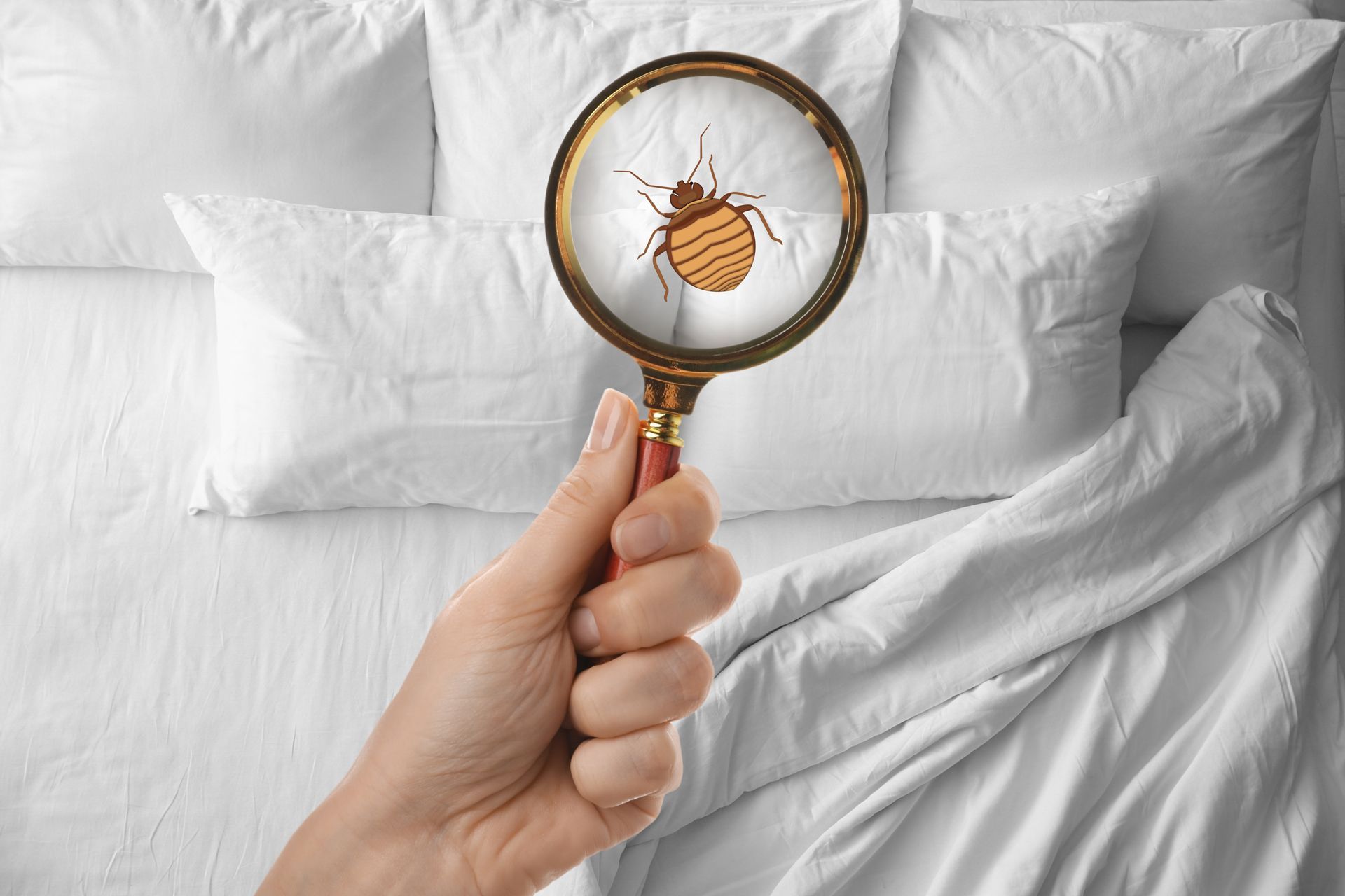 A person is Holding a Magnifying Glass Over a Bed Bug