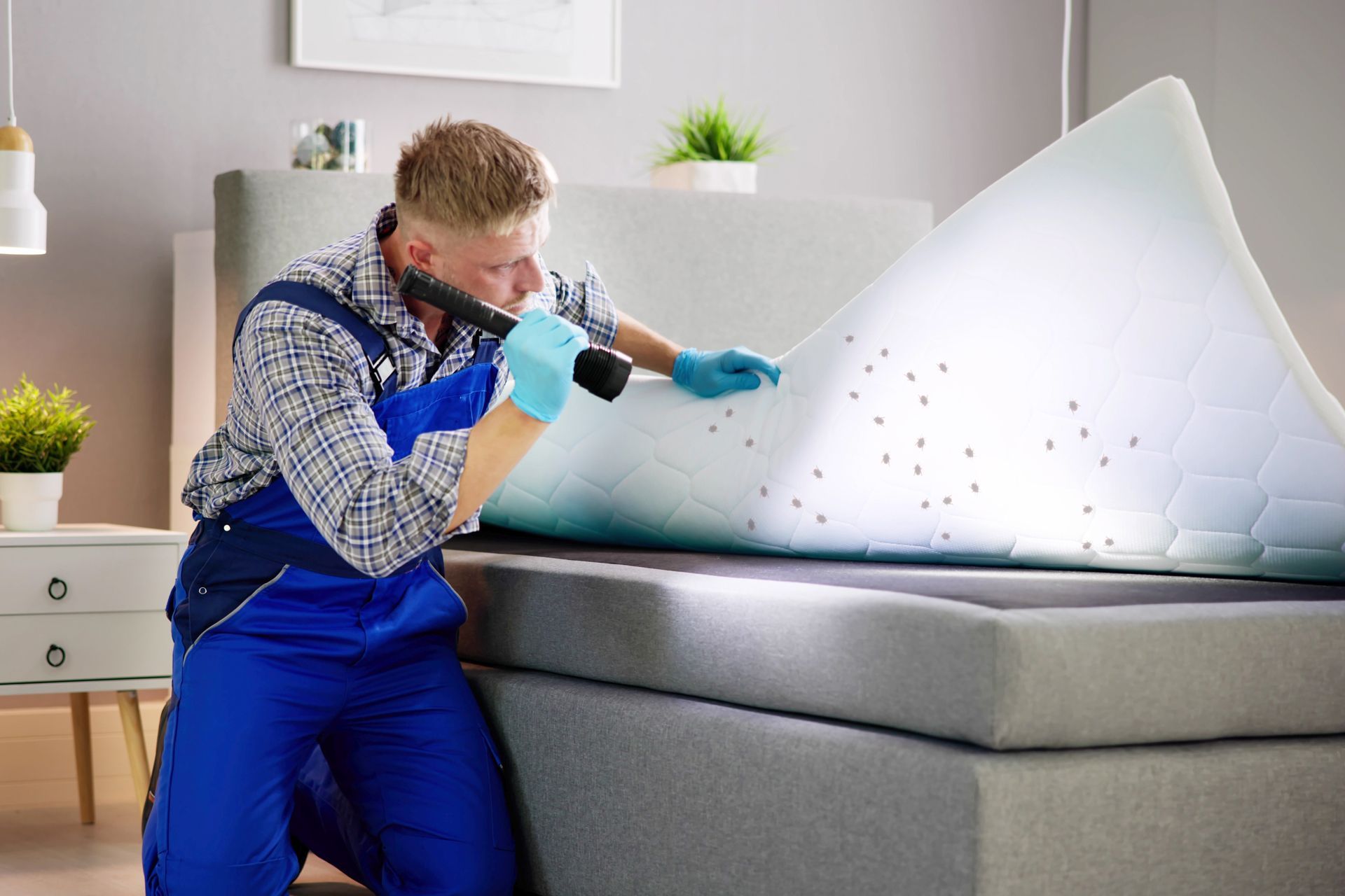 Man Looking at a Mattress with Bed Bugs