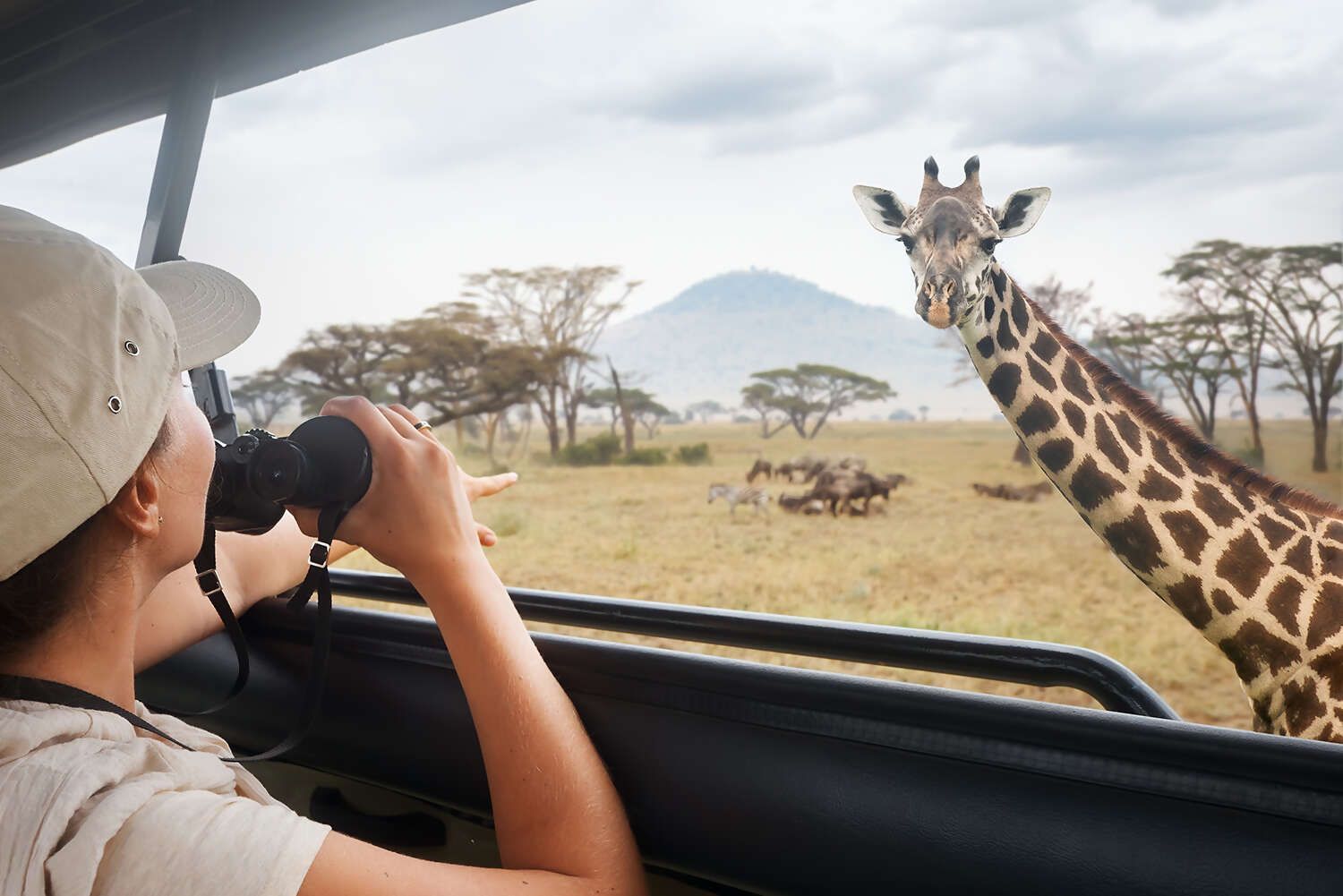 Hand placing a red flag on a world map, with other colored flags and miniature buildings.