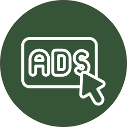 An icon of a speech bubble with the word ads and an arrow pointing to it.