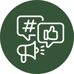 A green circle with a megaphone , speech bubbles , and a hashtag.
