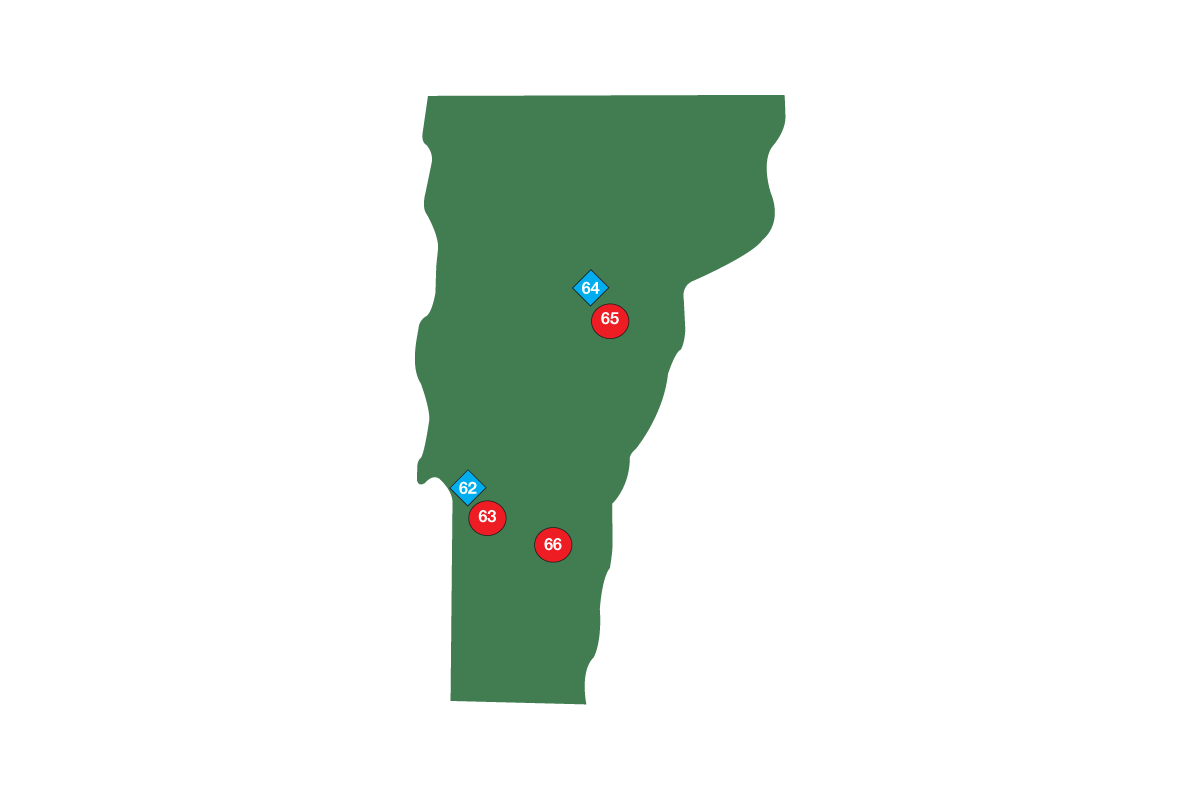 A green map of Vermont with red and blue dots on it.