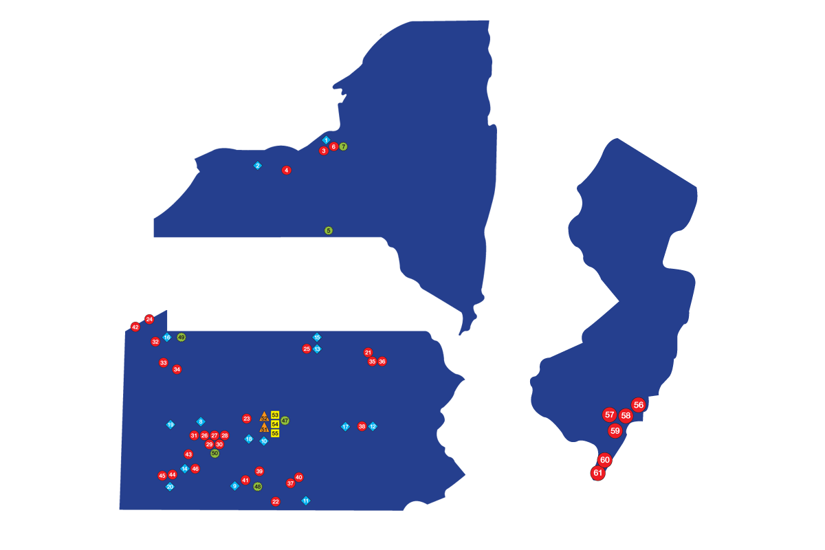 A blue map of New York , New Jersey , and Pennsylvania with red dots.