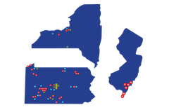 A blue map of New York , New Jersey , and Pennsylvania with red dots.