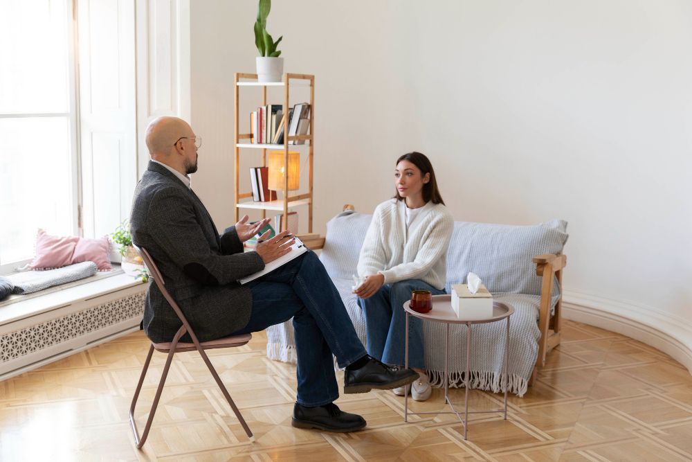 A man is sitting in a chair talking to a woman on a couch.