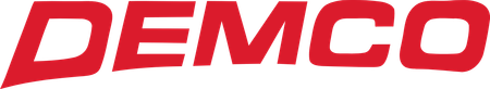 A red and white logo for demco on a white background