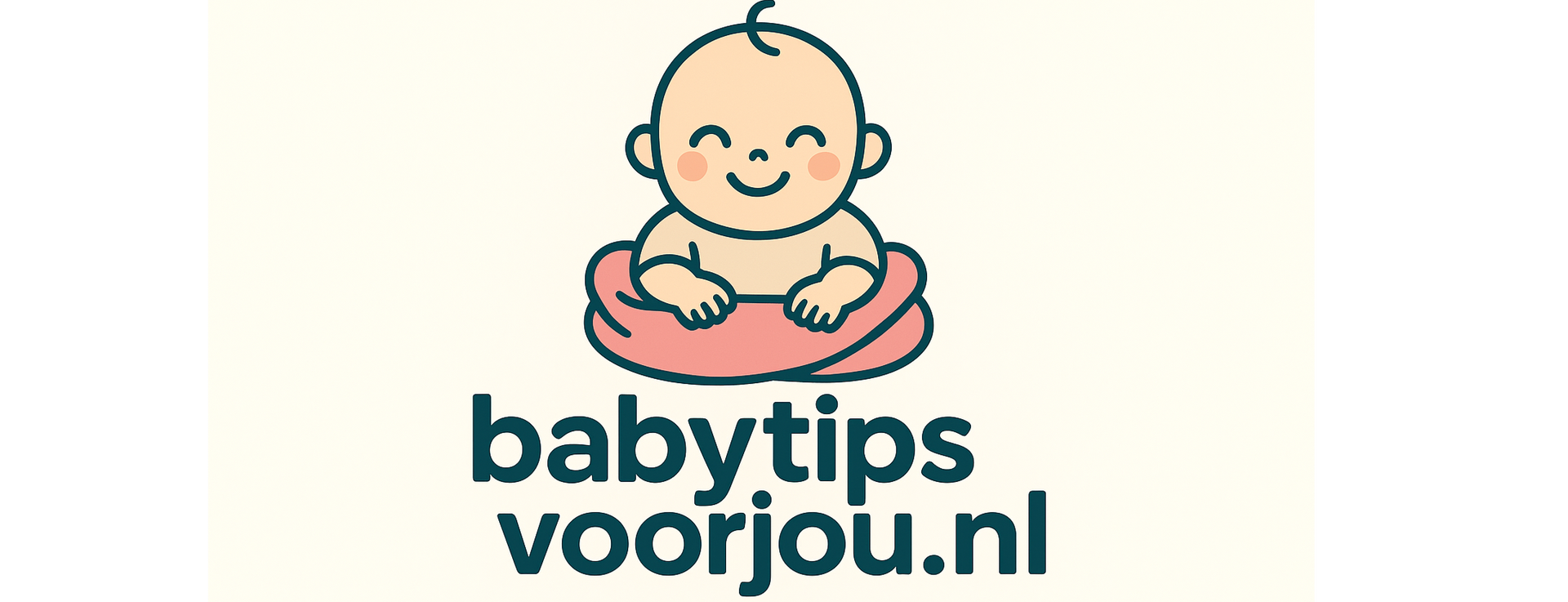 Lachende baby zittend op een roze kussen; tekst 
