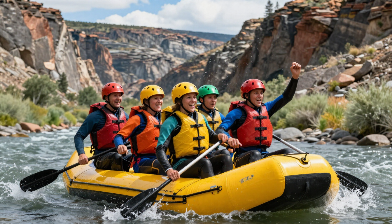 A group of rafters in high-quality gear enjoying a Salmon River rafting trip in Idaho.