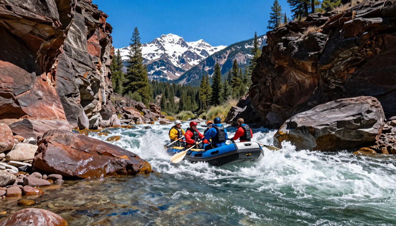 A whitewater raft navigating a scenic Idaho canyon on the Salmon River.