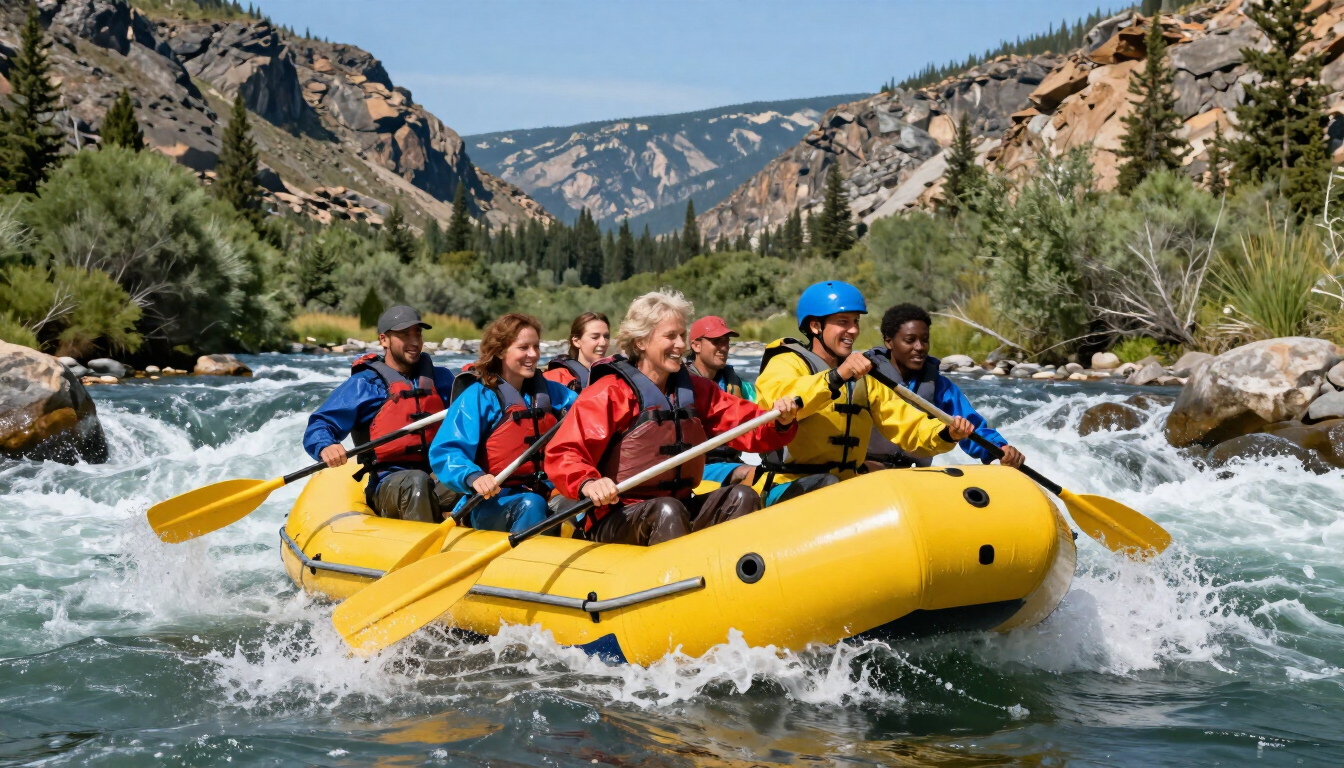 Happy family rafting on the Salmon River in Idaho