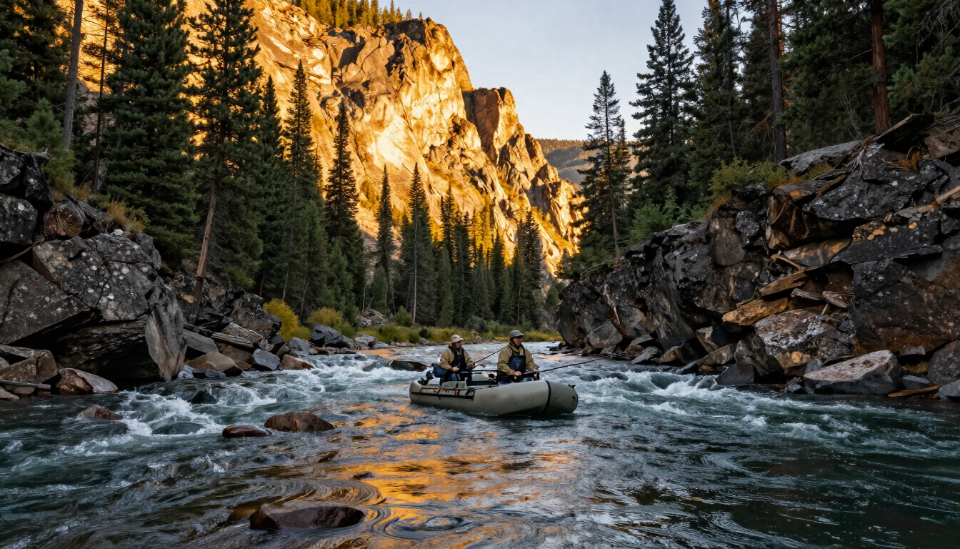 A drift boat fishing on the Salmon River in Idaho.