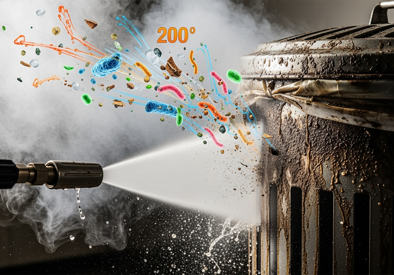 Close-up of 200-degree hot water steam pressure washing and sanitizing dirty trash bin removing bacteria and grime
