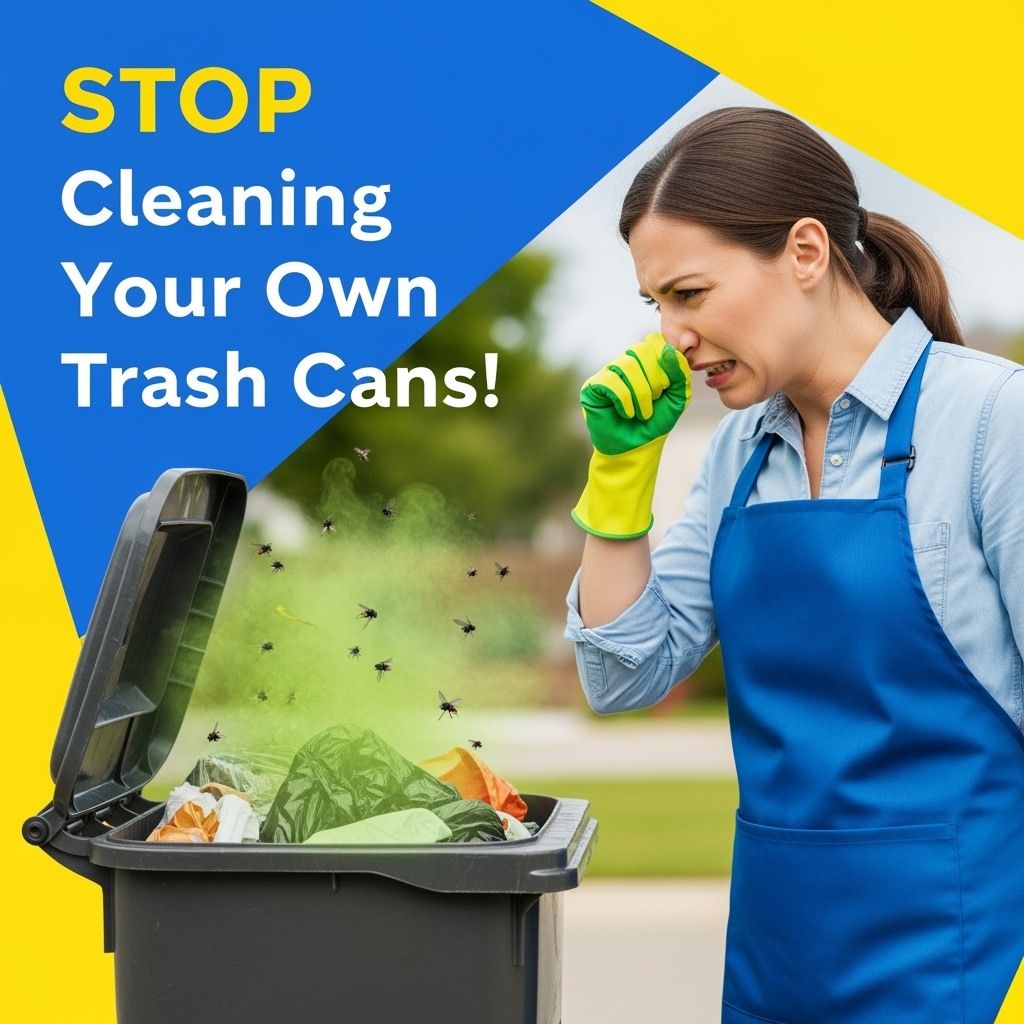 Homeowner disgusted by smelly trash can with flies buzzing around - stop cleaning your own bins message