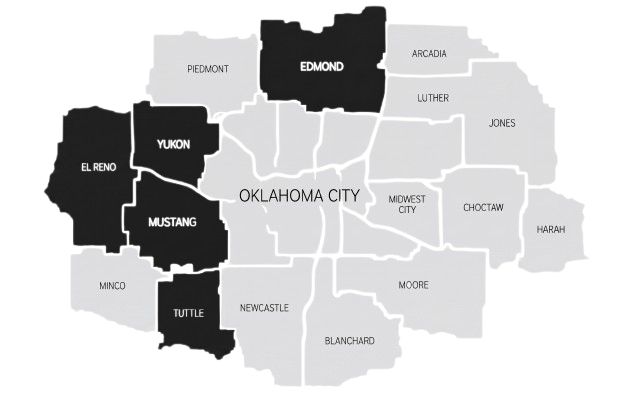 Oklahoma City ward map with shaded districts in black and gray, labeled neighborhood areas.