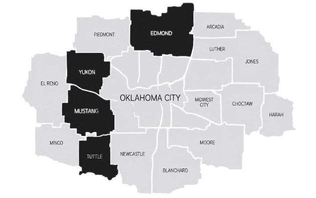 Oklahoma City ward map with shaded districts in black and gray, labeled neighborhood areas.