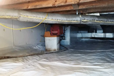a clean, dry crawl space with a white vapor barrier covering the ground and walls. a clean, dry crawl space with a white vapor barrier covering the ground and walls.
