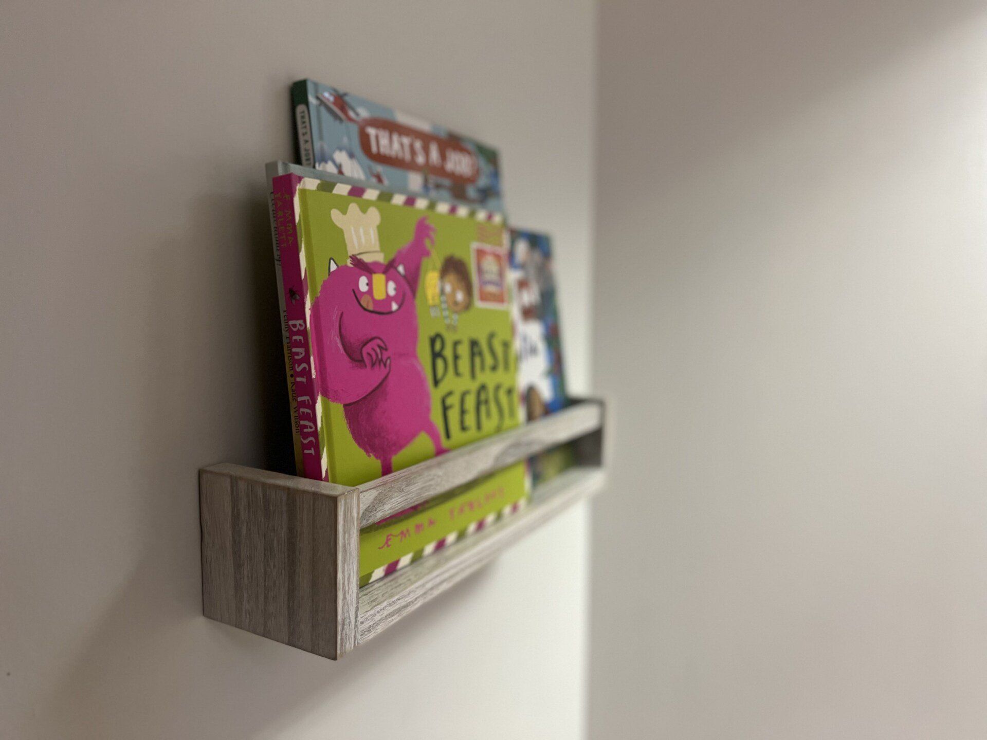 A shelf filled with children 's books on a wall.