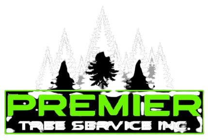 Premier Tree Service Inc. logo with green text, black outline, trees silhouetted against a white background.